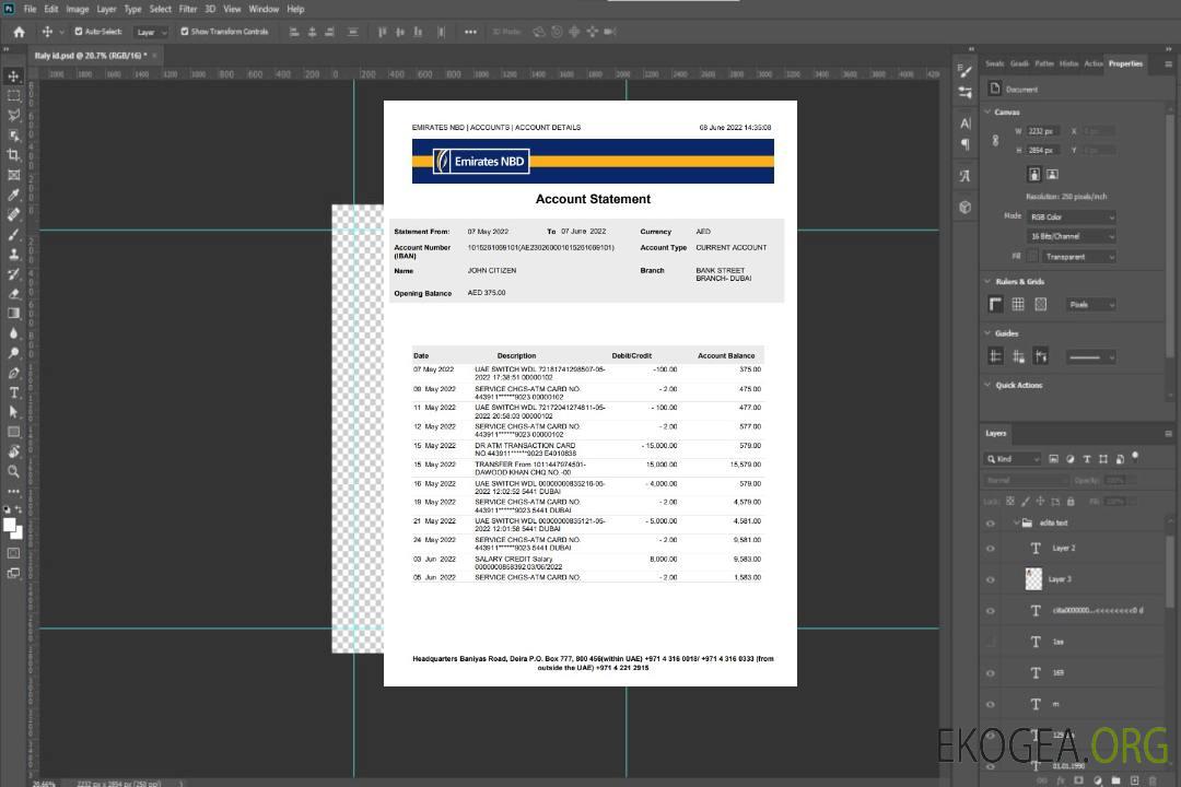 Modèle Word et PDF de relevé bancaire NBD des Émirats arabes unis à Dubaï, version 2 template Modèle Word et PDF de relevé bancaire NBD des Émirats arabes unis à Dubaï, version 2 template